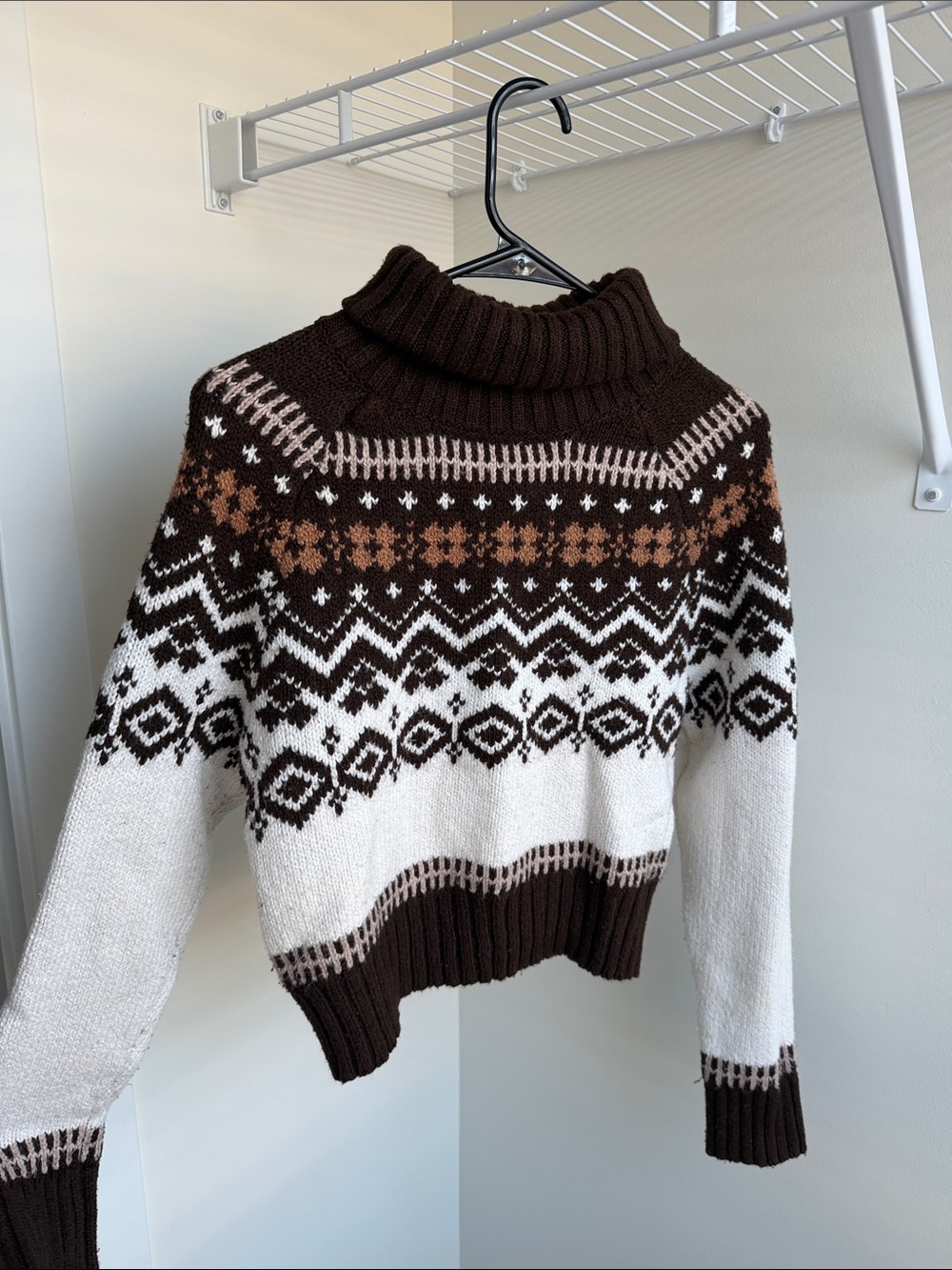 American Eagle Outfitters Brown, Cream & Tan Fair Isle Turtleneck Sweater